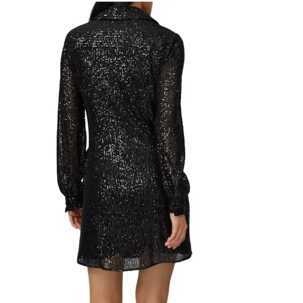 Parker Black Sequins Mini Dress SMALL Cocktail Party Shirt Designer Ruched $348 - Picture 4 of 10